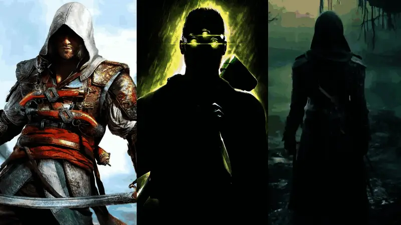 育碧总部大楼全景图，玻璃幕墙反射着城市灯光，象征游戏帝国的辉煌与挑战