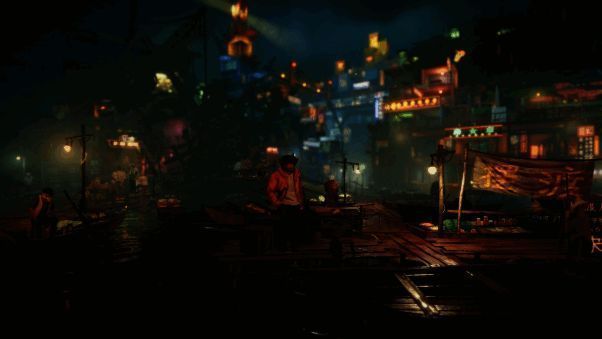 主角阿光在暗水城中穿梭调查，背景呈现赛博朋克风格的城市景观