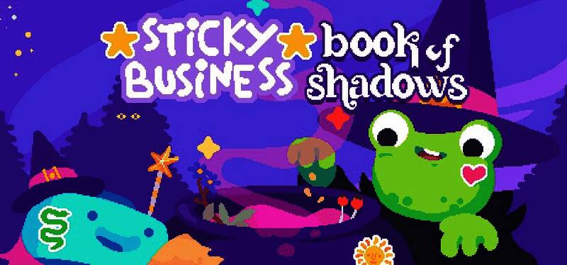 游戏中展示魔法贴纸制作界面，背景有闪烁的魔法光芒和女巫元素装饰