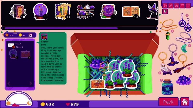 游戏内女巫团成员互动场景，角色手持魔法贴纸，表情生动自然