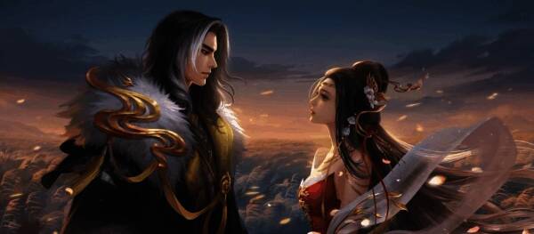 游戏内楚霸王与虞美人幻兽并肩作战的场景，背景为古代战场