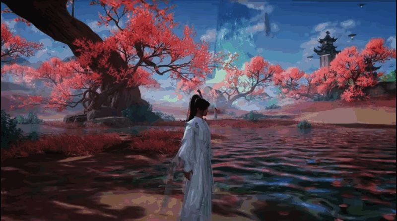 角色桃楚在桃树下深情凝望的画面