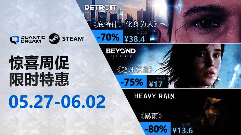 Quantic Dream三部曲封面合集，展示《底特律：化身为人》《超凡双生》《暴雨》的经典画面