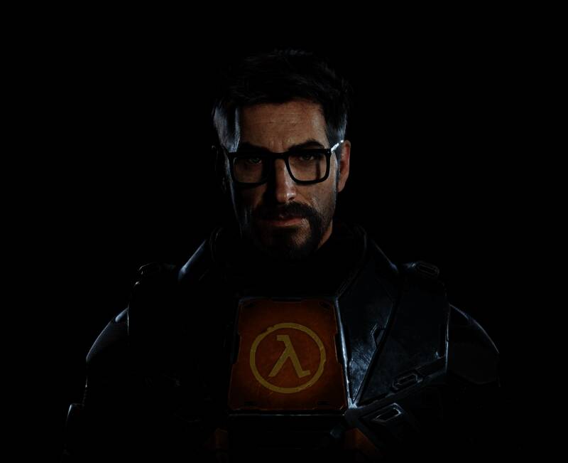 《半条命》系列主角戈登·弗里曼手持重力枪的经典形象，背景为外星异世界场景