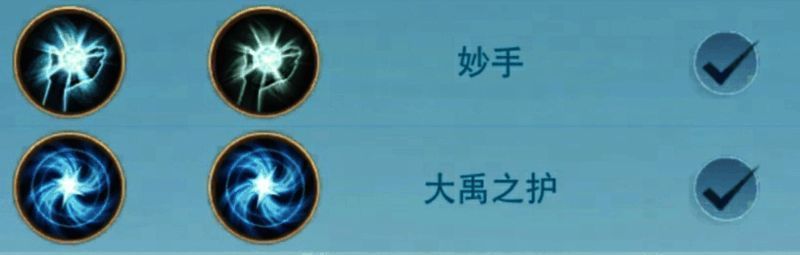 特技栏位展示，妙手与大禹之护组合