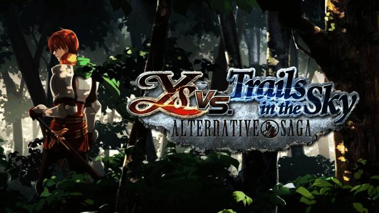 《伊苏 vs 空之轨迹 抉择传奇》复刻版游戏封面视觉图，展现两大主角对峙场景