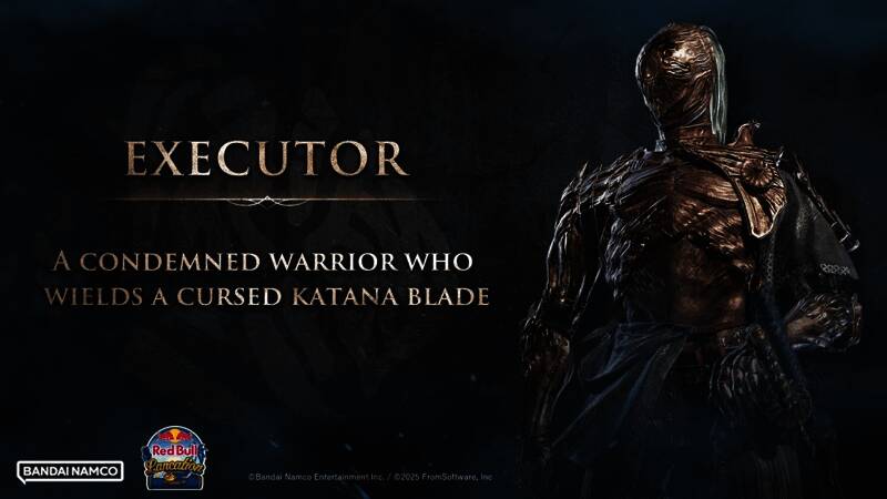 执行者手持金色武器，背景是黑暗奇幻风格的战场