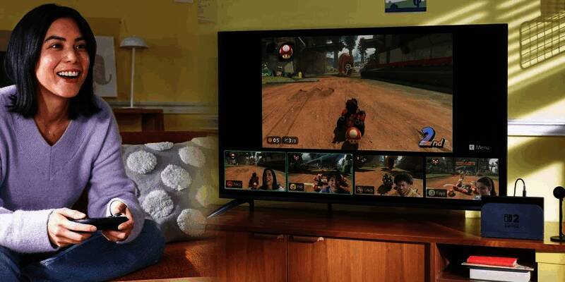 任天堂Switch 2主机与GameChat摄像头配件展示图，主机旁摆放着外接摄像头