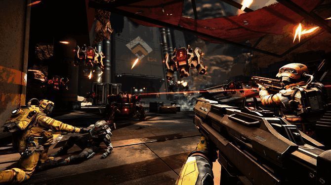 太空行走中的战斗场景，角色漂浮于失重环境中开火射击