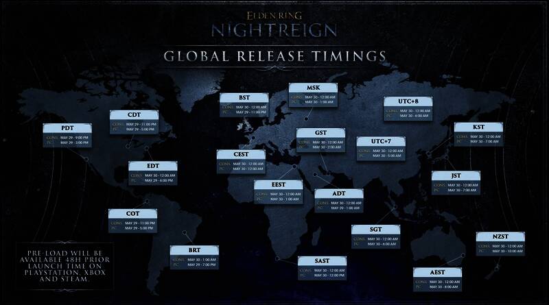 《艾尔登法环：黑夜君临》游戏封面，黑暗风格背景中浮现出神秘武器与角色剪影