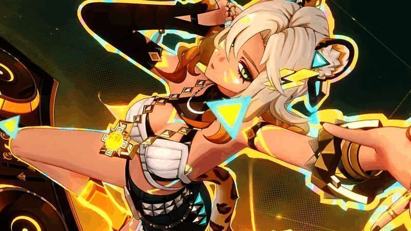 希诺宁角色立绘，身穿工坊服饰，手持锻造工具