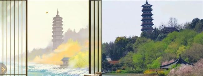 游戏界面内兰台场景与现实大明寺栖灵塔对比图