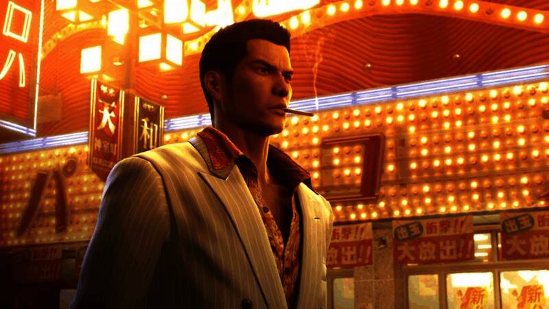 《如龙0》导演剪辑版宣传画面，桐生一马与真岛吾朗并肩而立，背景为神室町街道