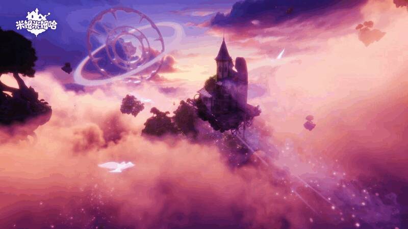 游戏中玩家驾驶飞屋在云层间穿梭，画面呈现出梦幻般的空中岛屿与建筑