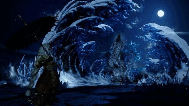 玩家使用「络缲」系统在战场上迅速搭建战斗平台，背景中可见巨大化兽逼近