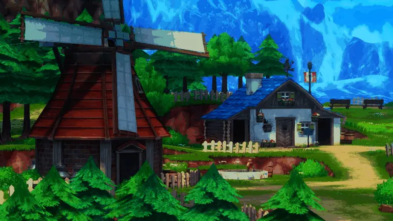 主角站在高台上准备展开滑翔伞，身后是广阔的草原与山丘