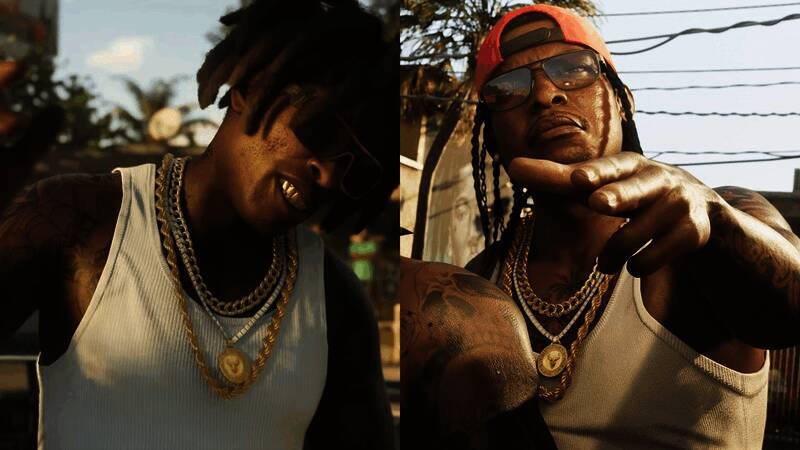 《GTA6》第二部预告中修改后的黑人角色形象，服装依旧保留，但面部特征明显变化
