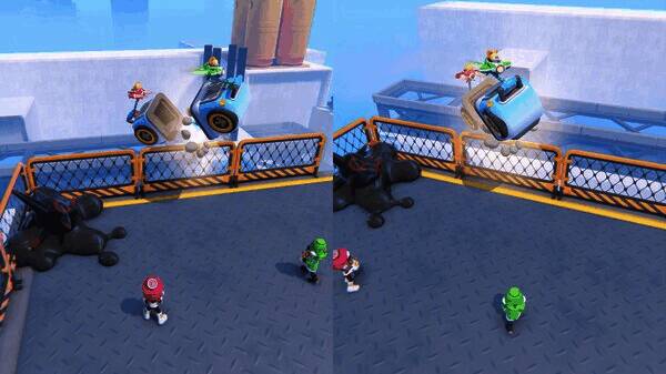 团队协作解谜画面，多个角色配合操作机关，气氛轻松愉快