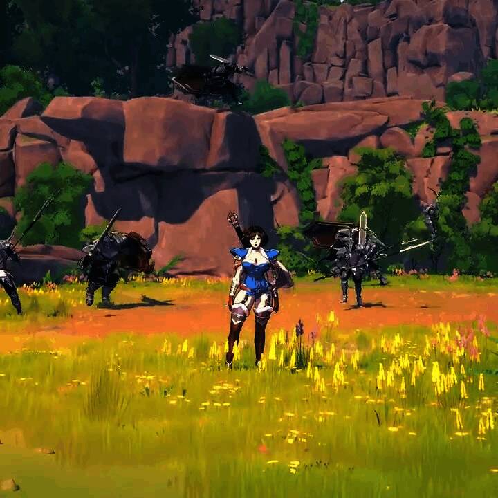 游戏实机画面展示女主角挥剑攻击绿巨人骑士，背景为险峻悬崖