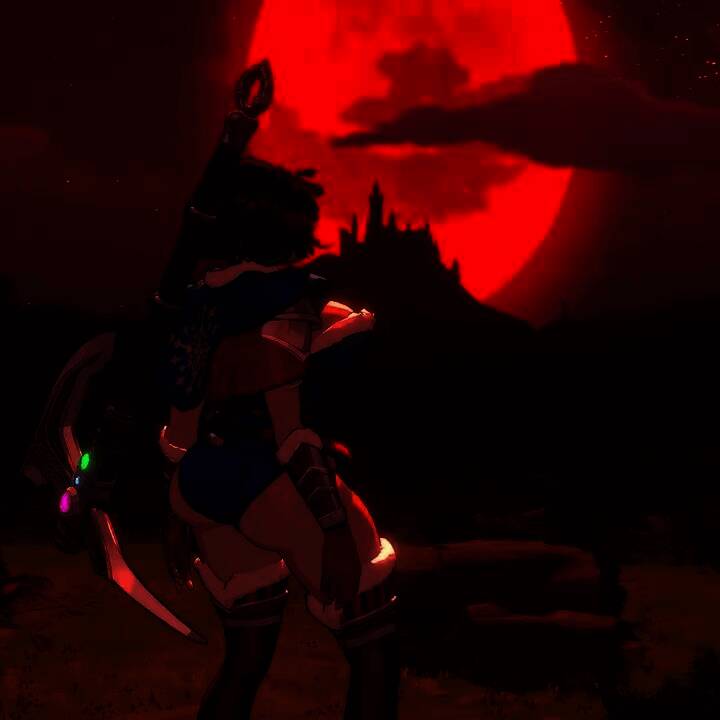 女主角与绿巨人骑士对峙画面，阳光洒落，阴影交错营造出史诗氛围