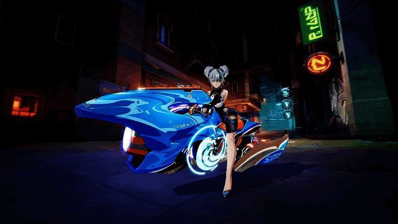 玩家骑乘坐驾在城市街道上飞驰，背景为繁华都市夜景