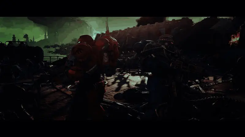 星际战士手持重武器迎战蜂拥而至的敌军，背景为战火纷飞的城市废墟