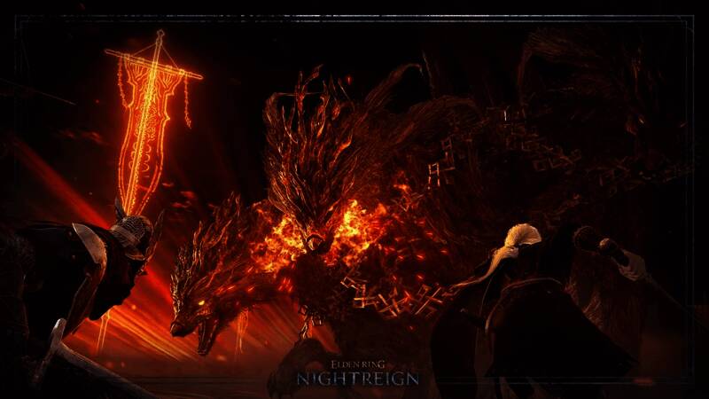 《艾尔登法环：黑夜君临》制作人石崎淳也接受采访现场照片，背景为游戏画面