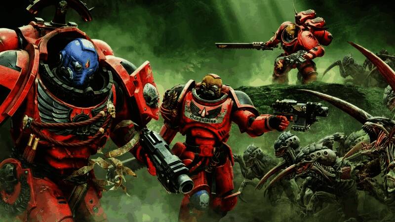 战锤电子游戏节宣传图，背景为血红色骷髅标志，下方排列多个游戏封面