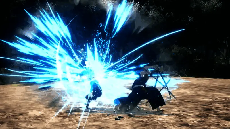 主角手持日轮刀战斗的动态姿势，刀刃泛起炽热红光