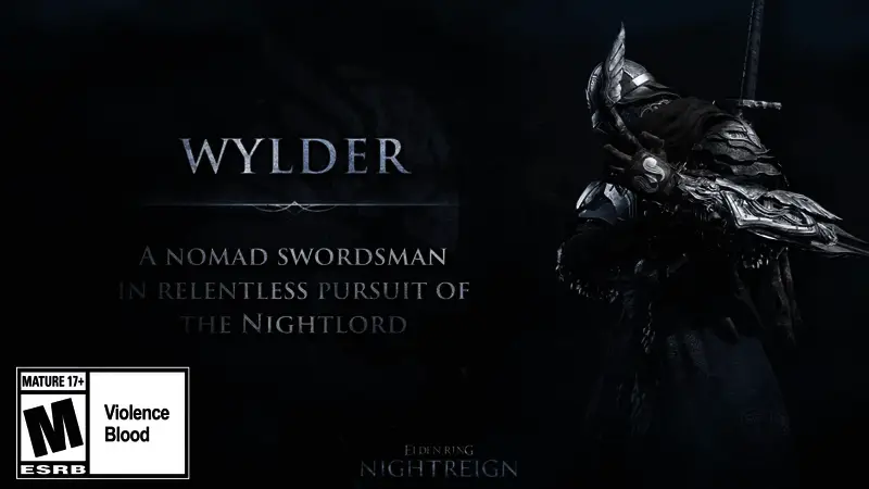 追踪者手持巨剑，目光坚定，背景为黑暗奇幻风格战场