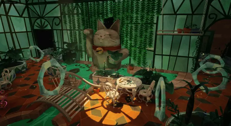 游戏实机画面展示，猫咪们在豪宅中进行激烈追逐与互动