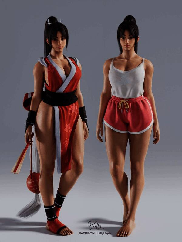 不知火舞3D建模正面展示，身穿经典红色忍者服，姿态优雅