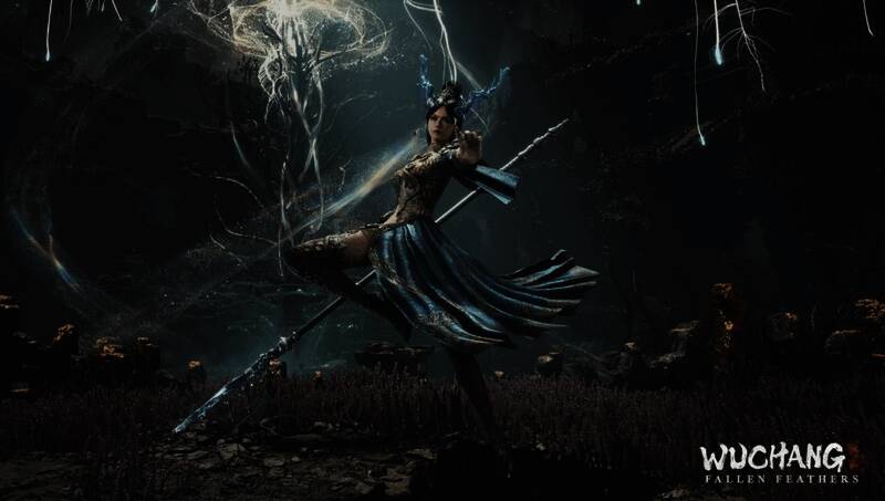 《明末：渊虚之羽》游戏场景图，女侠持剑面对妖魔