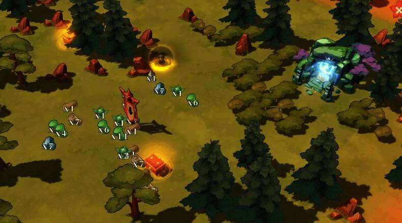 玩家操控角色在野外采集资源，周围散落各类建筑材料