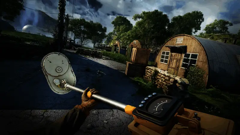 《原子陨落》游戏实机画面，废墟中的战斗场景