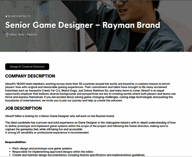 育碧招聘页面截图 显示多个关键职位开放