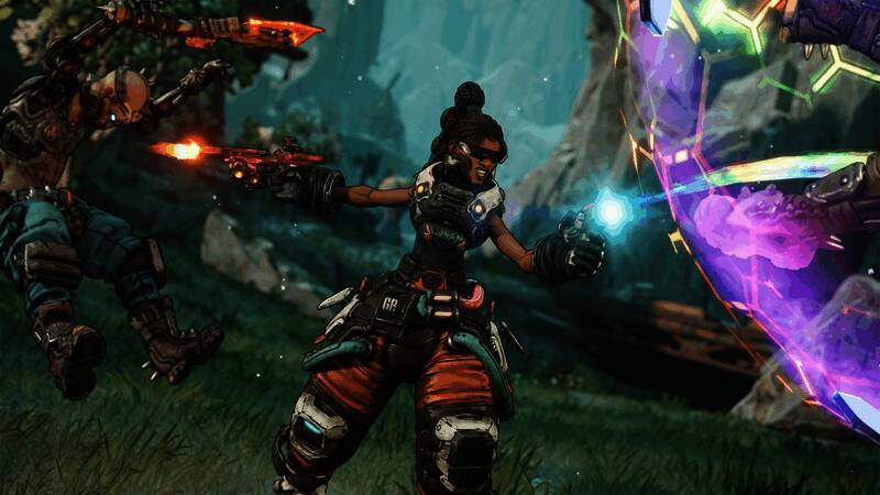 《无主之地4》游戏内战斗场景，角色手持独特武器，场景荒诞幽默