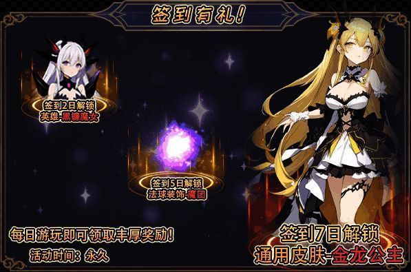 签到奖励界面，七日奖励依次列出，包括英雄、皮肤与属性加成等奖励内容