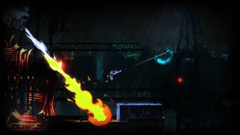 主角乔·武藏手持双刃，眼神坚定，身后是燃烧的废墟