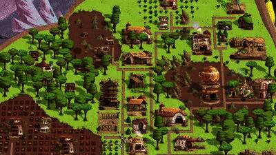 游戏中玩家建设村落的画面，展示多个建筑与资源管理界面