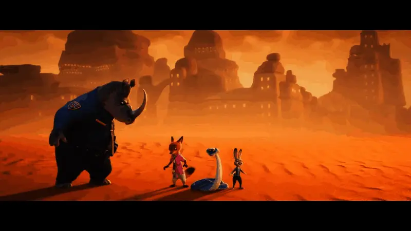 朱迪与尼克在高速追逐中躲避障碍物，场面紧张刺激