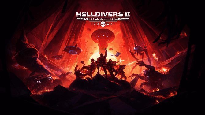 《绝地潜兵2》超级地球地图场景，城市上空被战火笼罩，绝地潜兵士兵奋勇迎战