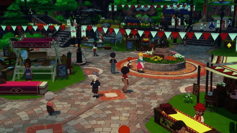 热闹的集市场景，摊位林立，顾客络绎不绝