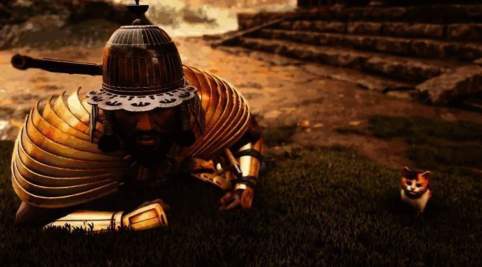 《刺客信条：影》游戏场景中主角与动物互动的展示画面