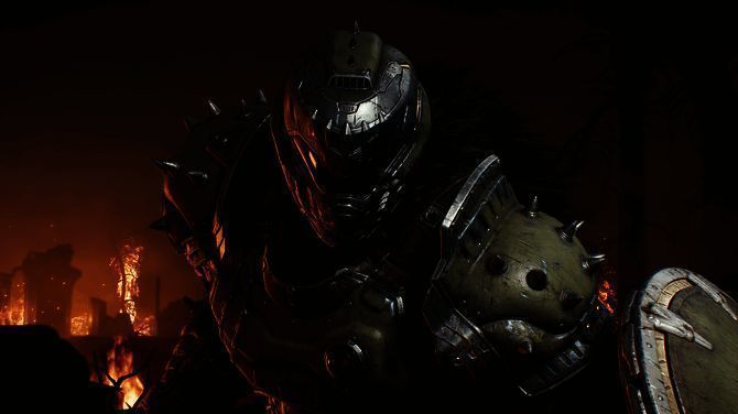 《毁灭战士：黑暗时代》水墨风格宣传插画，展现神秘而恢弘的地狱战场