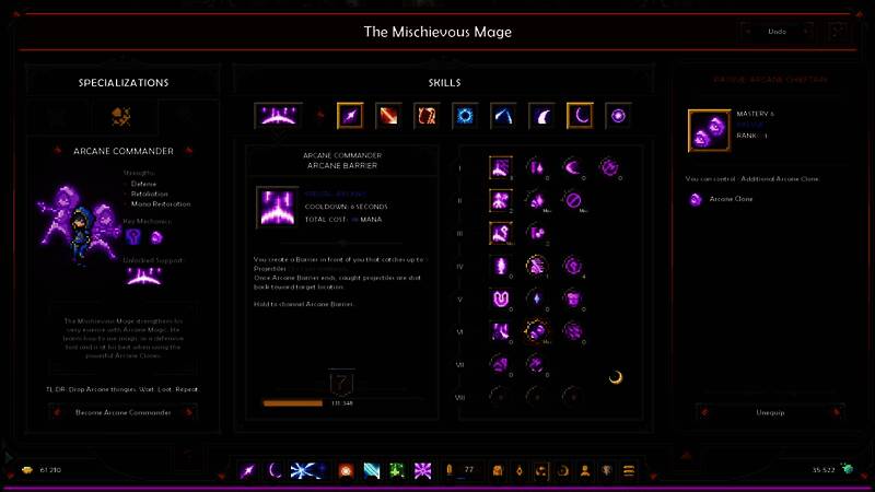 角色技能树界面展示，元素系技能繁多，分支清晰，呈现高度自定义化