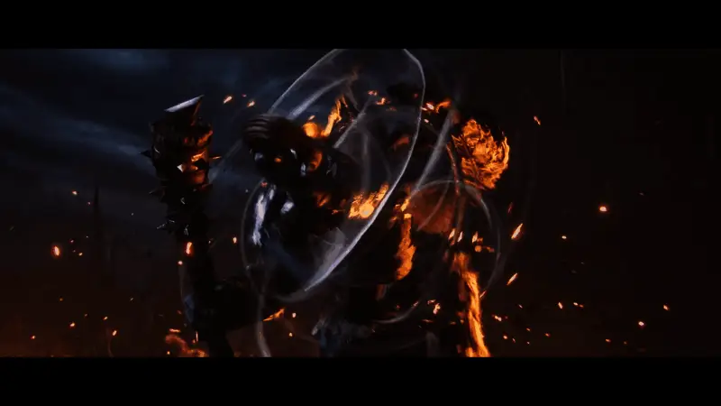 角色近战攻击特写，武器碰撞火花四溅