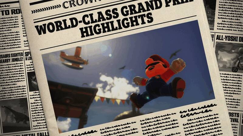 两名马里奥角色摆出跳跃姿势，背景为色彩缤纷的赛道场景