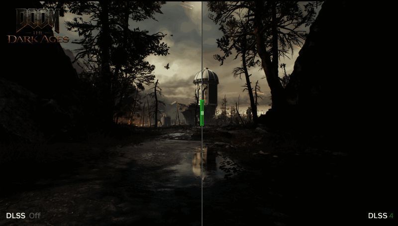 《毁灭战士：黑暗时代》场景中光影交错，地面与墙壁反射出逼真的环境光效