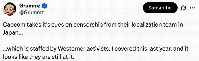游戏博主Grummz在社交媒体上发表观点，分析卡普空本地化策略